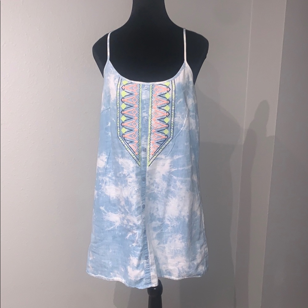 Blue Tie-Dye Dress with Pink Geometric Design